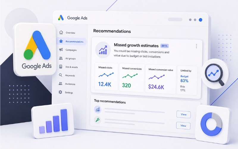 Google Ads вкладка Рекомендації втрачені можливості зростання обмежений бюджет ставки 2026