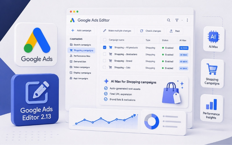 Google Ads Editor 2.13 AI Max торгові кампанії Shopping Performance Max нові функції 2026