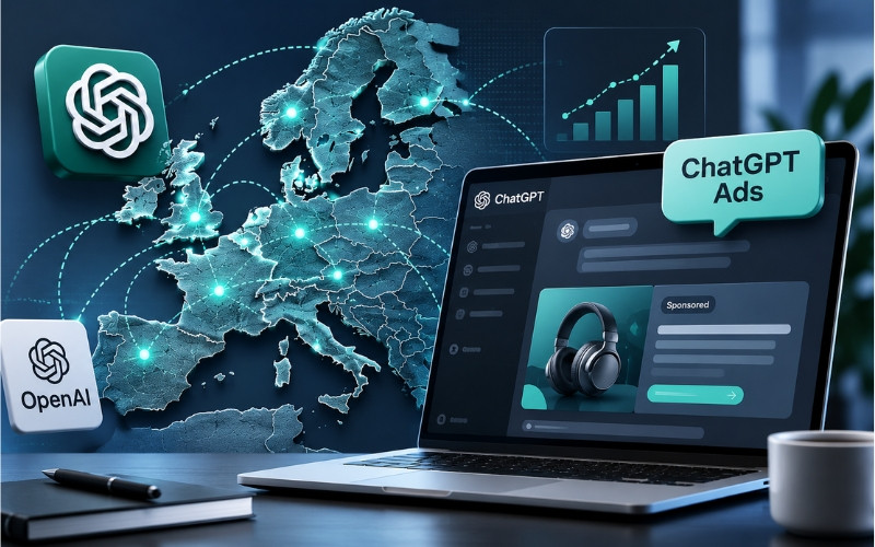ChatGPT Ads у 31 країні Європи»: логотип OpenAI ChatGPT на тлі карти Європи символізує запуск реклами в чат-боті