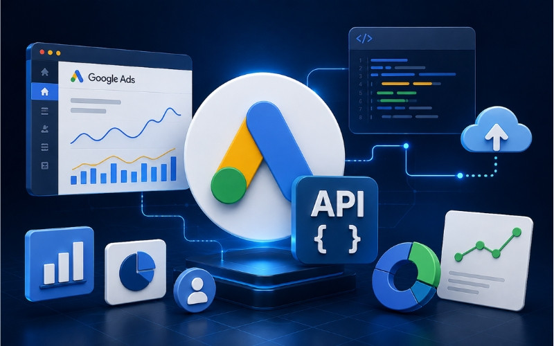 Google Ads API v25.1»: логотип Google Ads на тлі коду API символізує оновлення функцій вимірювання та аналітики