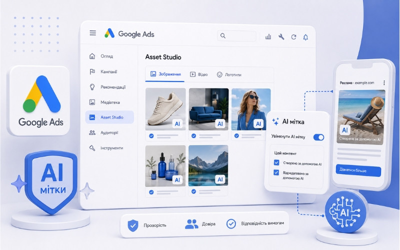 Google Ads AI мітки контенту Asset Studio рекламні платформи прозорість штучного інтелекту 2026