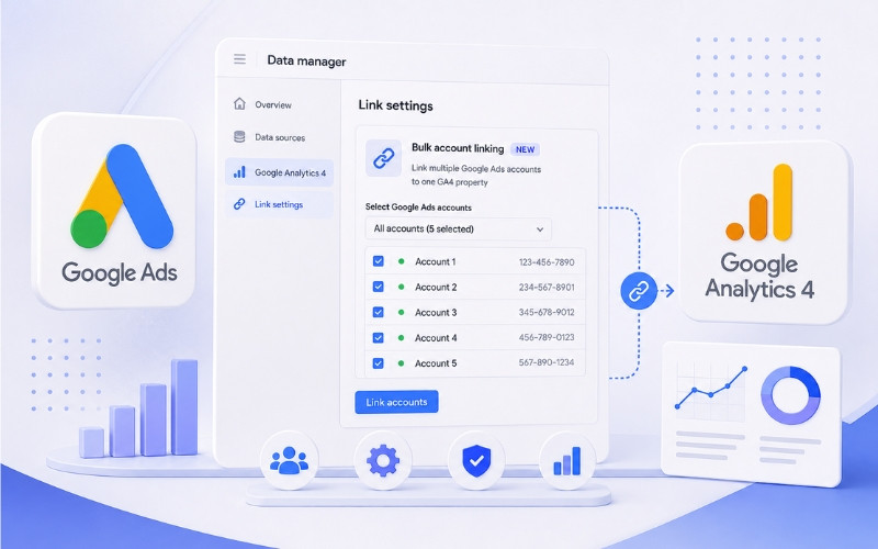 Google Ads масове зв'язування облікових записів GA4 Менеджер даних налаштування 2026